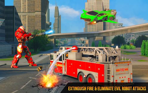 Скачать взломанную Flying Firefighter Truck Transform Robot Games [Много монет] версия 27 apk на Андроид